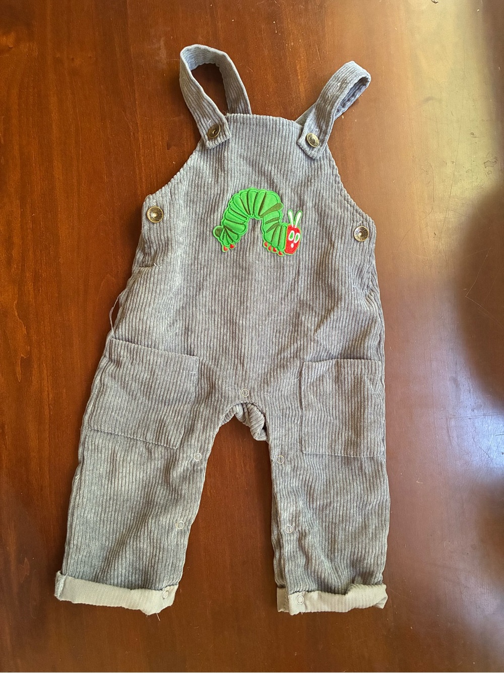 Blue Corduroy Toddler Overalls with Green Caterpillar Patch